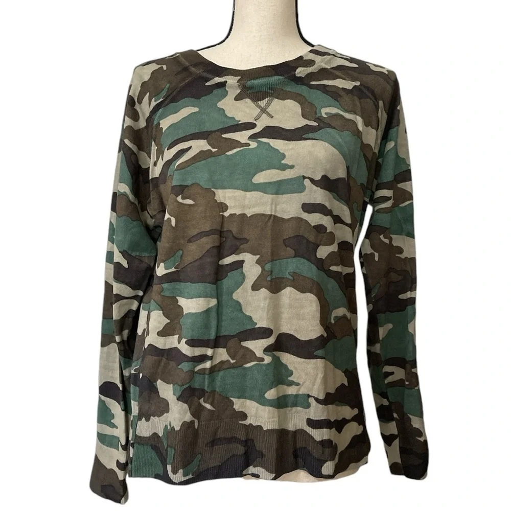 J. Crew Merino Wool Crew Neck Light Sweater in Green Brown Camo Sz. Medium